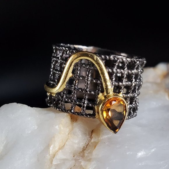 GG Unique Jewelry Jewelry - Silver Ring 925 18K Gold Natural Citrine Stone